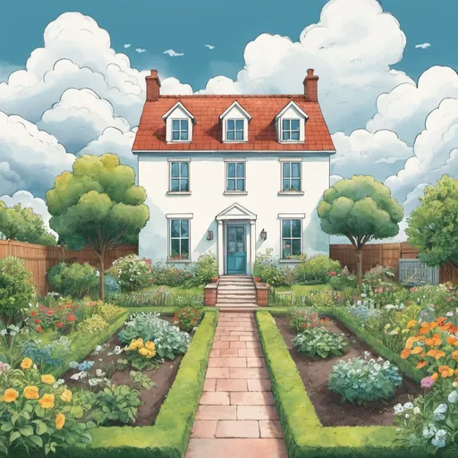 Prompt: illustration, a house, garden, lots of clouds