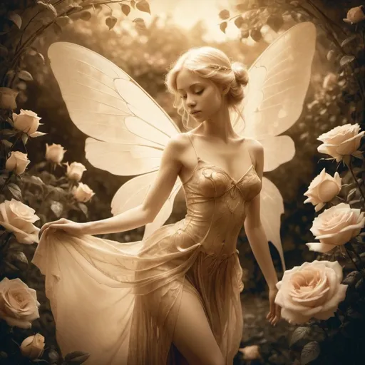 Prompt: Elemental Elegance Anthotype print featuring an elegant fairy amidst a rose garden, diffused backlight highlights translucent wings, roses bloom with delicate gradation, fairy pose suggests movement, enchanting ambiance, chiaroscuro effect, genetic DNA art, ultra fine, extremely detailed, dramatic soft lighting, golden ratio composition, Kubo Tite style illustration