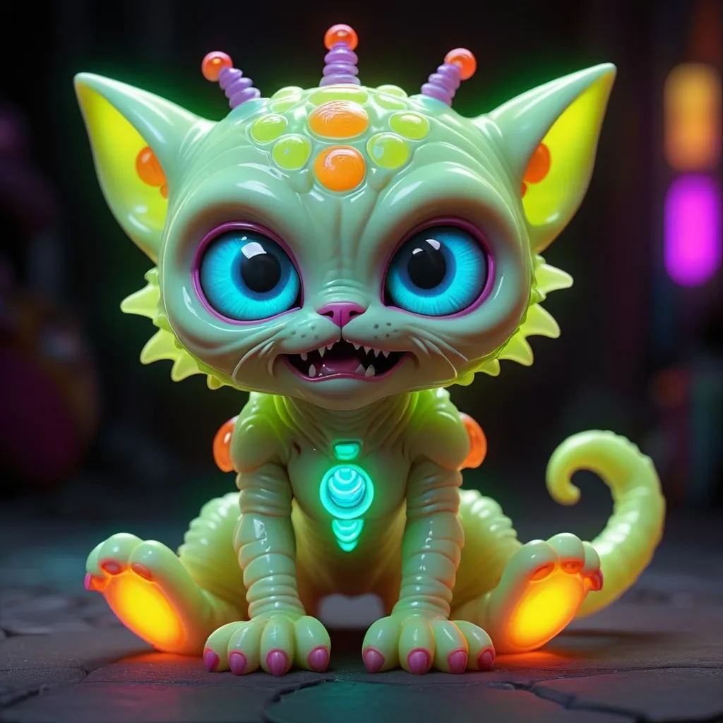 Prompt: gelly cute adorable alien monster, full-body, neon glow colors, highly intricate details, 3d, cgi, realistic light, trending on cgsociety, glowing eyes, facing camera, neon details, ultra realistic details, portrait, sci fi atmosphere, global illumination, shadows, octane render, 8 k, ultra sharp, cat attributes, smooth skin, friendly, luxury toy, shiny tail, shiny chakras, lime or sky blue