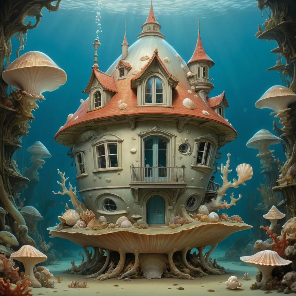 Prompt: a underwater house, made of a granulated frog seashell. art by James jean, Jacek yerka, Jean Baptiste Monge, Daniel Merriam. 