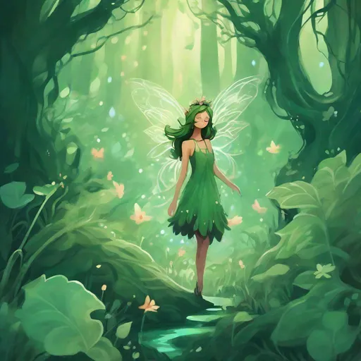 Prompt: tiny fairy in the deep green dreamy forest, dreamlike, stylized, character design, fantasy