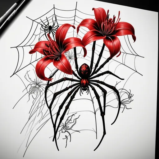 Prompt: Create an 8k black and red tattoo sketch portraying three spiders perched on a spider lily, diligently weaving a web.