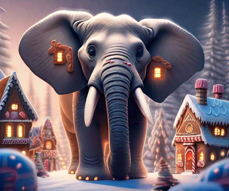 Prompt:  a heartwarming picture of the elephant, its eyes filled with wonder, exploring a cozy gingerbread village with talking gingerbread houses and cheerful reindeer in a magical, winter landscape, Mysterious
