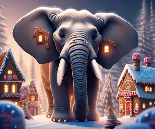 Prompt:  a heartwarming picture of the elephant, its eyes filled with wonder, exploring a cozy gingerbread village with talking gingerbread houses and cheerful reindeer in a magical, winter landscape, Mysterious
