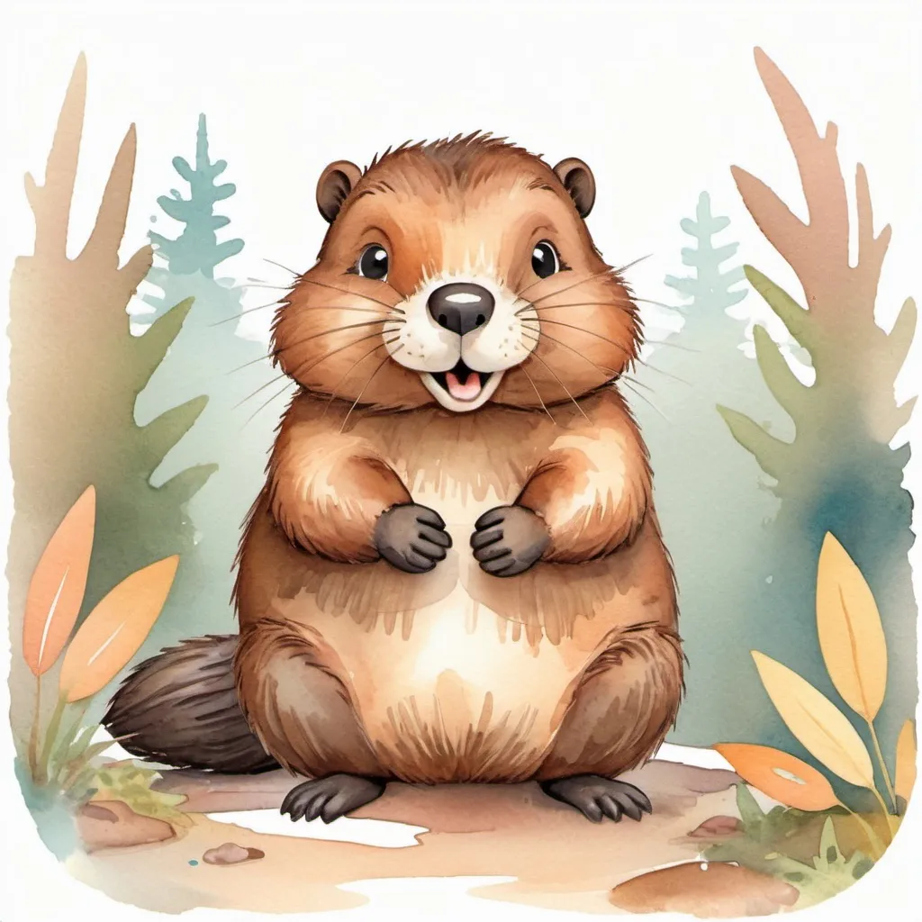 Prompt: strybk, strybk, cute beaver tail showing, kids story book style, muted colors, watercolor style, kids story book style, muted colors, watercolor style