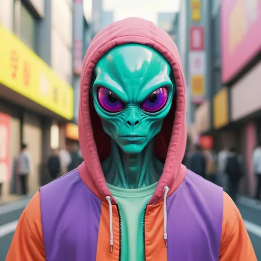Prompt: symetrical faced alien wearing 2000s streetwear with different color clothing, tokyo street style, colorful background, photorealistic octane 8K render
