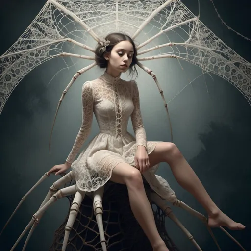 Prompt: A hauntingly beautiful Surrealist illustration of a girl in delicate lace attire sitting atop a massive spider, inspired by the works of Salvador Dali and Remedios Varo, detailed web patterns, intricate lace textures, ethereal lighting, dreamlike atmosphere, vertical orientation --s 150 --ar 2:3 --c 5