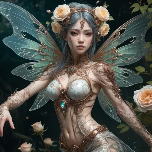 Prompt: *DYNAMIC_FLYING_POSE : biomechanical Japanese steampunk translucent wraith with gossamer symetrical_wings spread : Fantasy fairy style. Standing by Blossom Lake, : MOODY, Highly detailed intricate motifs, organic tracery, digital painting,8k. Intricate.  Award_winning ethereal_hues, multi coloured fairy lights and roses and vines angled view photorealistic  illustration, Carne Griffiths, Charles Vess, darling aura, Miki Asai Macro photography, close-up, hyper detailed, trending on artstation, sharp focus, studio photo, intricate details, highly detailed, by greg rutkowski, Miki Asai Macro photography, close-up, hyper detailed, trending on artstation, sharp focus, studio photo, intricate details, highly detailed, by greg rutkowski