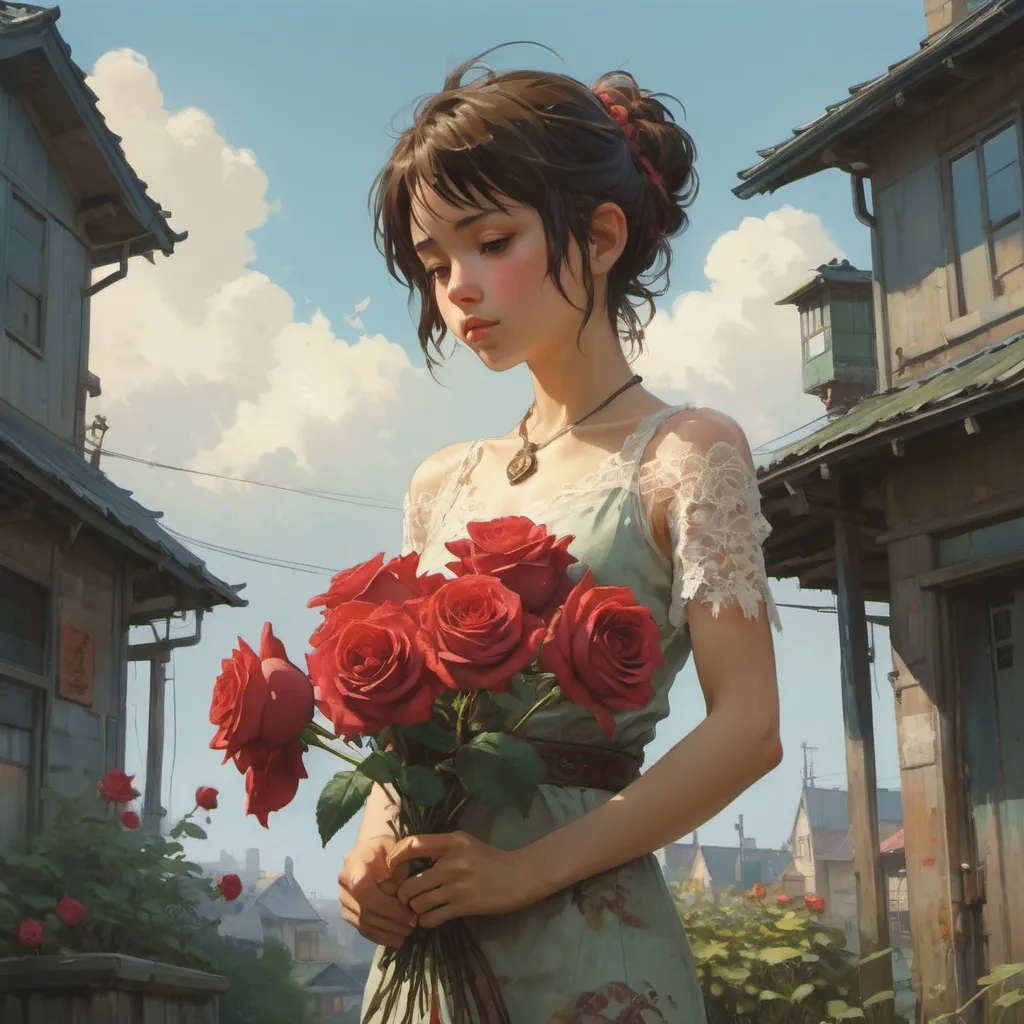 Prompt: Rusty Roses and lace  By Jean-Baptiste Monge, Intricate, very detailed, colourful, by Pino Daeni, oil on canvas, 4K, 3D, matte background, Epic, hyperdetailed intricately detailed, cinematic lighting, splash, stunning, acrylic painting, trending on pixiv fanbox, palette knife and brush strokes, style of makoto shinkai jamie wyeth james gilleard edward hopper greg rutkowski studio ghibli genshin impact