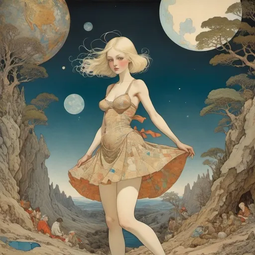 Prompt: Richard Dadd, Charles Robinson,Edmund Dulac, Sacha Zaliouk, Surrealism, mysterious, bizarre, fantastical, fantasy, Sci-fi, Japanese anime, the diversity of the basic structure of the universe, excavating and traversing layers, perspective drawings, cross-sectional views, creator of map images, blonde miniskirt beautiful girl Alice, perfect voluminous body, detailed masterpiece 