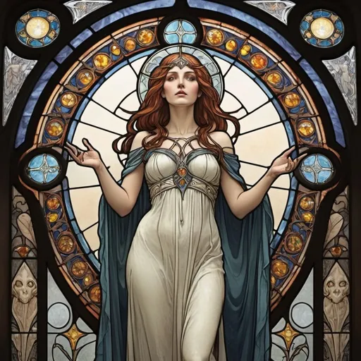 Prompt:  the sorceress woman like its a stained glass window of a church, in a style of arts nouveau, should have a Hellenistic or Greek style to it