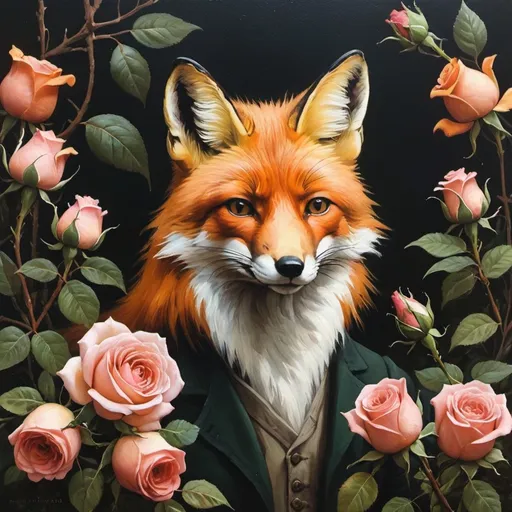 Prompt: Fox Roses, Dark Academia, Dark Cottagecore, Botanical Print, Forest Gothic vintage oil painting