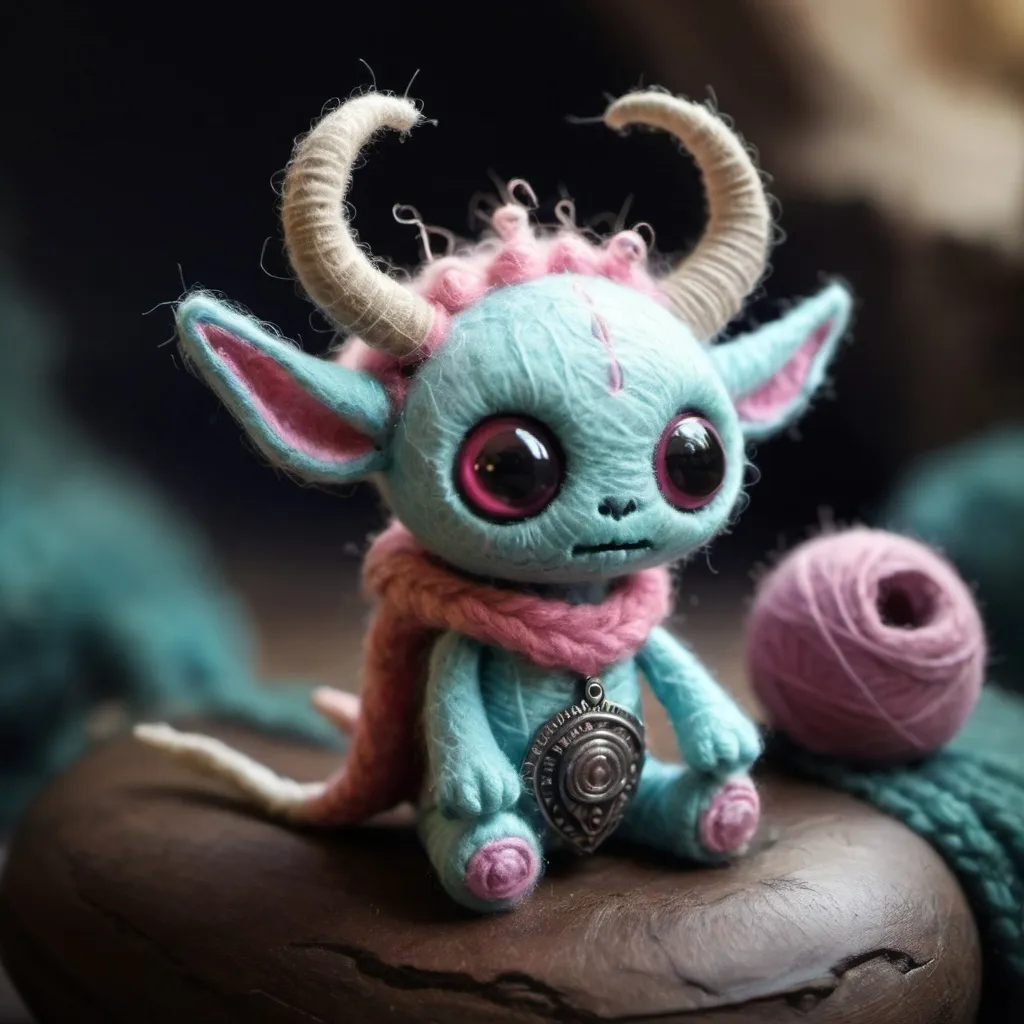 Prompt: Handmade creatures, tiny and cute, fantasy alien with horns, toy, fantasy, 
 crafted textures, wool and tissue materials, magical atmosphere, digital painting