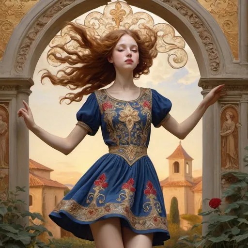 Prompt: Art Mérovingien ,art Gothic,gingerbread-hair girl dancing amidst the embroidered scrolls in a Heaven garden,soft smile,side view,Byzantine art,by Nicolas Poussin,Lawrence Alma-Tadema Eneliaur_alguran,Amy Brown,Lucian Freud, Yoshitomo Nara,Hildebrandt Brothers, dancing, golden rubis lapis spinel fantastic short dress embroidered with fleur-de-lis,bright, highly detailed face and body,splash, Glittering, cute and adorable,fantasy  stained glass, stunning, soft and deep summer sunset sky,mythical being,breathtaking beauty,pure perfection,golden ratio,shadow play,perfect lights, Majestic, sense of depht, 