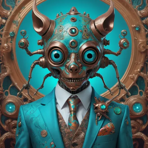 Prompt: a little monster in a suit, in the style of psychedelic artwork, imaginary creatures and robots, steelpunk, cyan and bronze, colorful fantasy realism, witchcore, baroque-punk