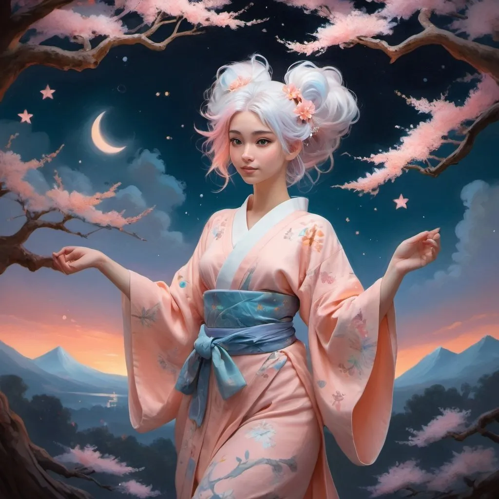 Prompt: painting of a beautiful girl, style of Fragonard and Pixar and Bob Ross, (messy pastel hair), arms showing, legs showing, dusk, sunset, ((sunset)), sakura, bioluminescent, veils, (wearing intricate kimono), (white stag horns),  (fluffy white ears), stars, ((yggdrasil in the background)), world tree, night sky, delicate, soft, peach colors, pink colors, silk, threads, ethereal, nebula, galaxy, luminous, ribbons, 3D lighting, soft light