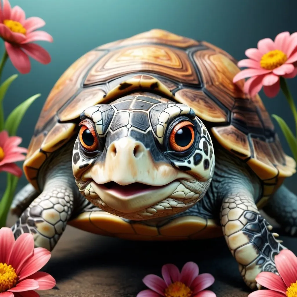 Prompt: Beautiful and tender turtle with big eyes adorned with beautiful flowers. Cartoon. quality 0.25, trending on artstation, sharp focus, studio photo, intricate details, highly detailed, by greg rutkowski