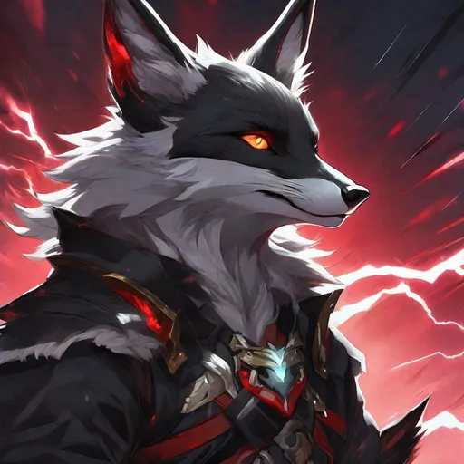 Prompt: young warrior black fox with (solid jet black fur) and {scarlet eyes}, feral, gorgeous anime portrait, 2d cartoon,  lightning element, crackling lightning, beautiful 8k eyes, fine oil painting, intense, wearing shiny bracelet, low angle view, (unsheathed claws), visible claws, 64k, thick white outlines, fine colored pencil,  head turned toward viewer, hyper detailed, expressive, intense, heroic, friendly, compassionate, brawny, thick billowing mane, fiery colors, psychedelic colors, lightning charged atmosphere, colorful stones, glistening black fur, prowling through a twilight forest,  golden ratio, intricate detailed fur, precise, perfect proportions, vibrant, prowling by a sun-bathed river, hyper detailed, complementary colors, UHD, HDR, top quality artwork, beautiful detailed background, unreal 5, artstaion, deviantart, instagram, professional, masterpiece