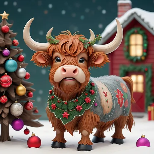 Prompt: whimsical christmas farm and Super detailed very intricate beautiful cute whimsical scottish highland cattle wearing Christmas decorations with Christmas background, muted colors. intricate extremely detailed hyperdetailed Diego Gisbert Llorens fantasy