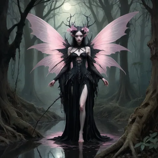 Prompt: Dark fantasy fairy clad in black and pink gothic attire, Brian Froud style, full-body stance, surrounded by an eerie, ethereal forest, wings delicate and tattered, eyes glimmering with malevolent mischief, hands gripping an ancient, twisted staff, moonlight filtering through the dense canopy, creating scattered pools of luminescence on the forest floor, digital painting, breathtaking surreal masterpiece, dramatic lighting