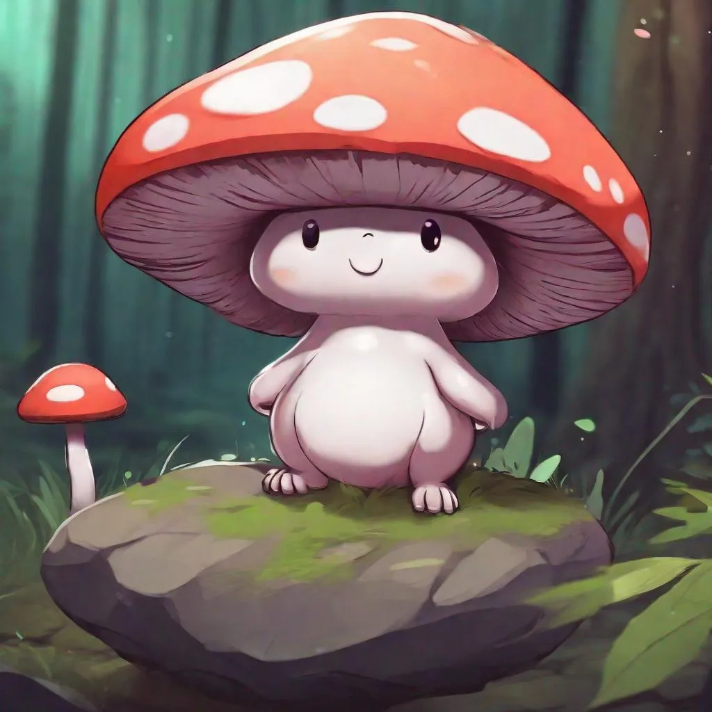 Prompt: digital illustration of a cute mushroom creature, thicc, sitting on a rock in a forest, | | epic - fine - clean, polished, trending on artstation, anime style, brush strokes