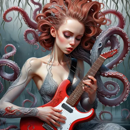 Prompt: art by cameron gray
 karol bak, Seb McKinnon,   
ultra highly detailed, detailed 
digital painting, highly detailed, intricated, intricated pose, clarity, high quality

"The octopus explain tentacles, playing guitar, grey/red, deep sea, weeping willow on the bank, intricately detailed, hyperdetailed, surreal, flowing acrylic  :: fantastical watercolour calligraphy by WLOP"
