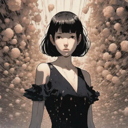 Prompt: girl with morbid thoughts wearing a black spring dress with short brown hair, queen of sharp needles and under the effect of psychosis, by Range Murata, Katsuhiro Otomo, Yoshitaka Amano, and Artgerm. 3D shadowing effect, 8K resolution.