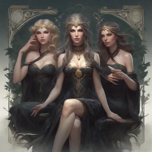 Prompt: playing card of the three fates, dark and ethereal, wild hairs, expressive poses, dark dress, fantasy, intricate, dark forest background, highly detailed, digital painting, artstation, concept art, smooth, sharp focus, illustration, art by artgerm and greg rutkowski and alphonse mucha