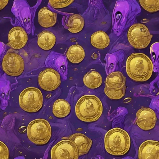 Prompt: Alien in vivid purples covered in gold coins and a hex aura surrounds them menacingly, masterpiece, best quality