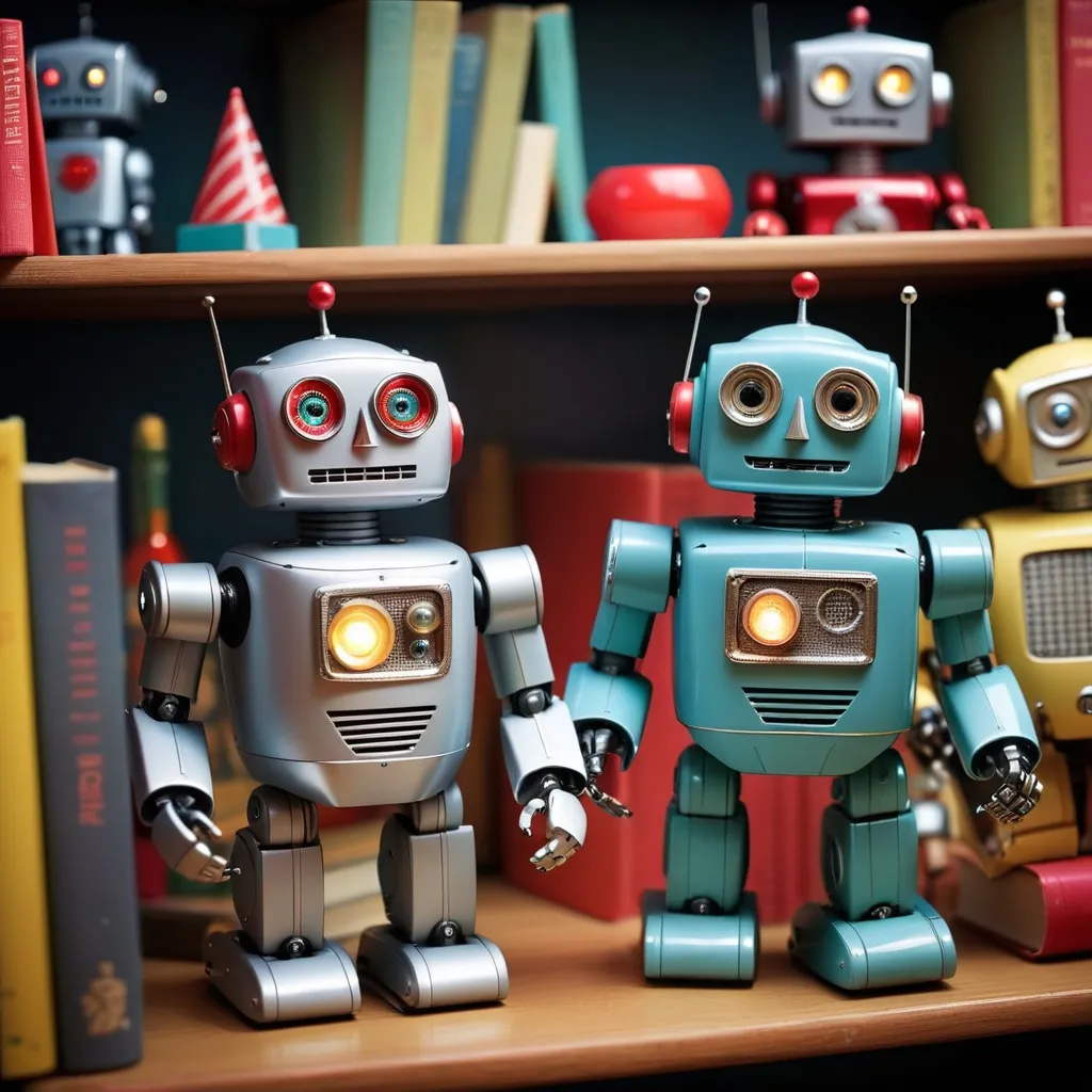 Prompt: Photograph of toy robots. 1950s style. having a party. On a shelf. Books in background. Night time. Depth of field 270mm.