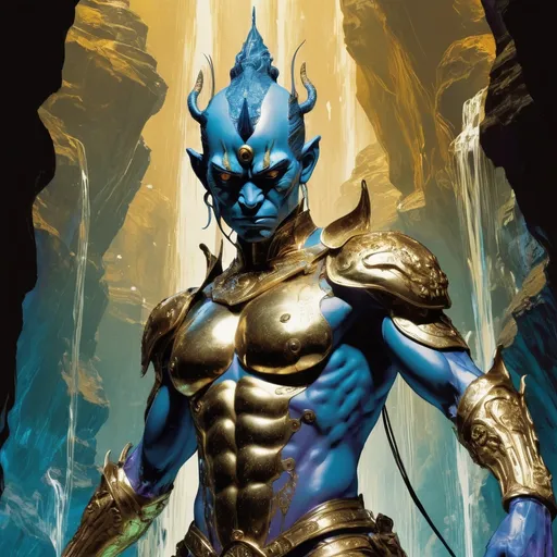 Prompt: Double-exposure; high-angle glossy (abe sapien: 1.0) Sun Wukong 孙悟空 in gold and vintage blue intricate glass armor, dynamic pose, glowering expression, waterfalls, intense blacks, nighttime; sepia, amber, golden brown, blue-grey, green, cold purple neon light; sergio toppi, jae lee, david mack, joe chiodo, humberto ramos, Makoto Shinkai, J.C. Leyendecker, ilya Kuvshinov, Royo, Karol Bak, Alphonse Mucha, Jordan Grimmer, Greg Rutkowski