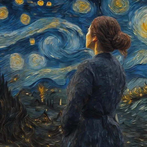 Prompt: post impressionism, impasto, a highly detailed hyper realistic rendition of Van Gogh, starry night, intricate and mysterious dark nature background, high resolution, 4k, 8k, woman