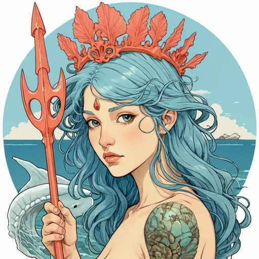 Prompt: a drawing of a woman with a trident and a coral crown, the ocean, long blue hair that turns into water, Daphne Allen, pop surrealism, palm trees on shoulders, barnacles on cheeks, fish scales on neck, seashell tattoo, drawing, anime, illustration, thin lineart, high quality, flat color illustration, satoshi kon, alphonse mucha