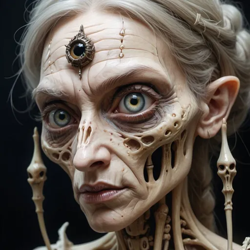 Prompt: realistic, 32k, high quality, detail, professional photo, baba yaga bone leg metamorphosis, huge shiny glowing eyes, unrealistically long eyelashes, complicated hairstyle long, fantasy, filigree, surrealism, overdetalization, soft lighting, body art, eye focus, aesthetics, detailed drawing