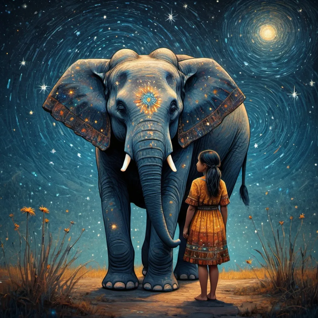 Prompt: The native american pretty girl wearing her starry clothes with her cute elephant friend. In style of james r eads,  Sam Toft, Anna dittmann, Justin Gaffrey, John Lowrie Morrison, Patty Maher, John Ruskin, Chris Friel, van Gogh. 3d, extremely detailed, intricate cinematic lighting, high definition 