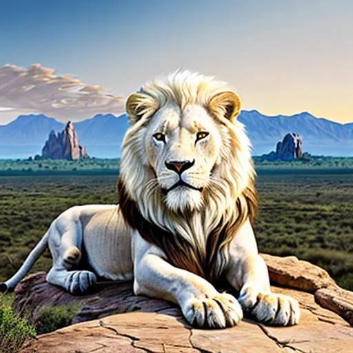 Prompt: Realistic illustration of a majestic white lion, detailed rock formation, African savanna backdrop, high quality, ultra-realistic, detailed fur, intense gaze, rocky terrain, wildlife, very high rock, safari, warm tones, professional, natural lighting, lion in distance, white lion