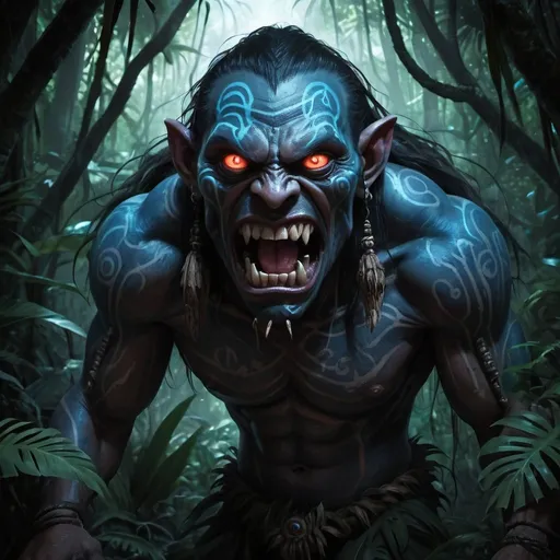 Prompt: Fantasy illustration of a bunch of evil homunculi, polynesian look, otherwordly appearance, pointed teeth and glowing eyes, glowing blue eyes, subliminal pexpression,dark and eerie lighting, high quality, rpg-fantasy, detailed, entire body, in a tropical forest 