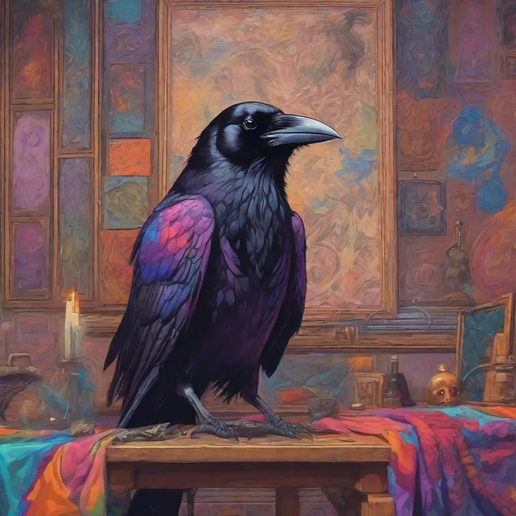 Prompt: Dungeon synth aesthetic, a beautiful raven in colorful clothes, painting a lovely picture on a canvas, indoor, daytime