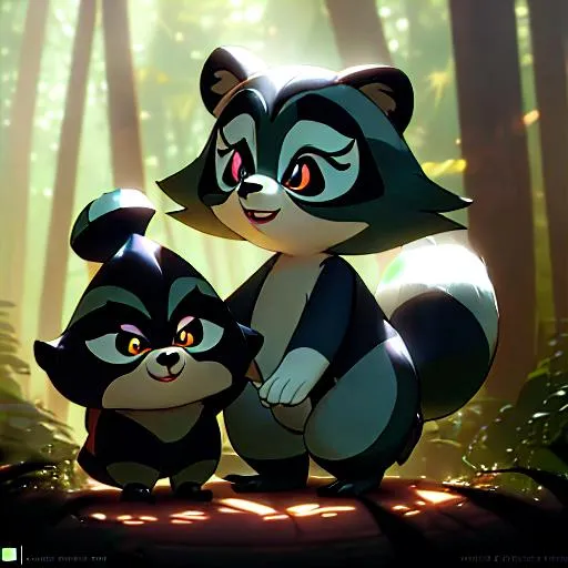 Prompt: Disney Pixar style cute raccoon and skunk, highly detailed, fluffy, intricate, big eyes, adorable, beautiful, soft dramatic lighting, light shafts, radiant, ultra high quality octane render, daytime forest background,bokeh, hypermaximalist