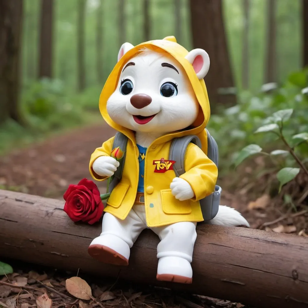 Prompt: toy story,  cute, adorable, squeirrel , white face,  backpack on, sitting on a long in the forest, looking forward,  thankful,excited, happy, holding a beautiful bloomed  rose,  yellow raincoat and rubber duck hat on