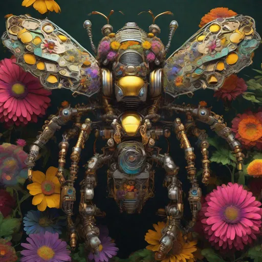 Prompt: an ultradetailed digital art, depicting a robotic bee meticulously crafted from an array of colorful flowers, steampunk-inspired with intricate mechanical parts visible, set against a lush, natural backdrop, in the style of Karl Blossfeldt, 8K resolution, vibrant and lively, trending on ArtStation, a harmonious blend of technology and organic beauty.