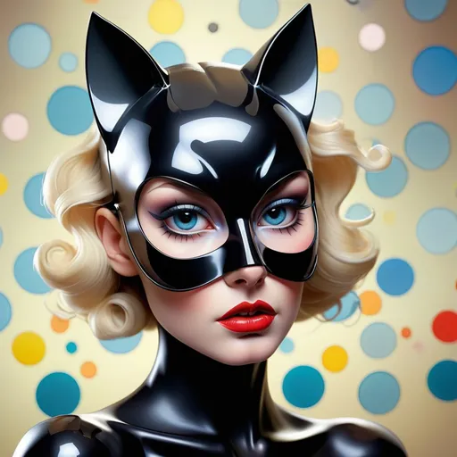 Prompt: front portrait Photography, transparent dark plexiglass printed with polka dots colors print, cat woman mask, an attractive, 80 degree view, art by Sergio Lopez , Natalie Shau, James Jean and Salvador Dali
