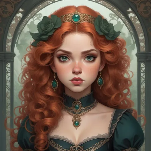 Prompt: a modern gothic lolita version of Princess Merida, face, fantasy, intricate, elegant, highly detailed, digital painting, artstation, concept art, smooth, sharp focus, illustration, art by Gerald Brom and Jasmine Becket-Griffith and Fernanda Suarez and alphonse mucha