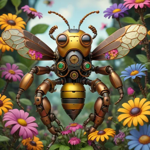 Prompt: an ultradetailed digital art, depicting a robotic bee meticulously crafted from an array of colorful flowers, steampunk-inspired with intricate mechanical parts visible, set against a lush, natural backdrop, in the style of Karl Blossfeldt, 8K resolution, vibrant and lively, trending on ArtStation, a harmonious blend of technology and organic beauty.