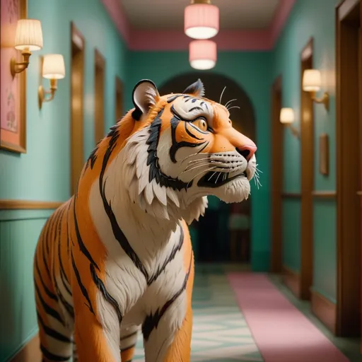 Prompt: (extreme long shot), profile of a tiger standing at the end of a hallway in Wes Anderson Hotel, cinematic pastel lighting, cinematic photo, focus, film, professional, 4k, highly detailed