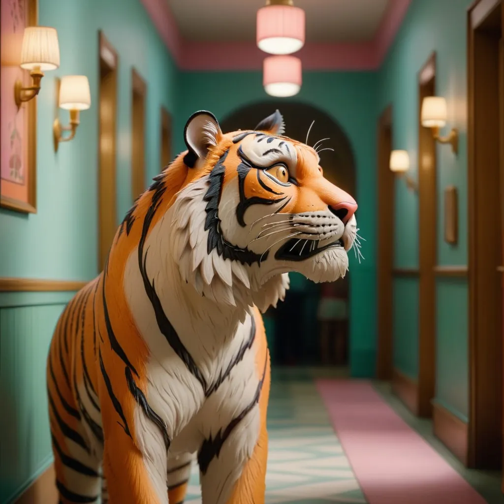 Prompt: (extreme long shot), profile of a tiger standing at the end of a hallway in Wes Anderson Hotel, cinematic pastel lighting, cinematic photo, focus, film, professional, 4k, highly detailed