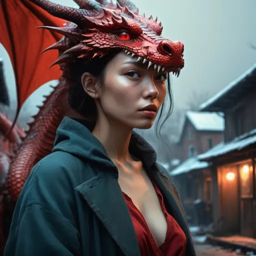 Prompt: "woman and red dragon translucent and bioluminescent  by Ismail Inceoglu, Sakiyama, M.W Kaluta and Hiroyuki-Mitsume Takahashi, Tomer Hanuka,  by Olivier Valsecchi ""Nikon 15mm f/1.8G, by Lee Jeffries, Alessio Albi, Adrian Kuipers" by pascal blanche inspired by the art of Petr Yushchenko village  oil on canvas, raphael, caravaggio, greg rutkowski, beeple, beksinski, giger, trending on artstation, sharp focus, studio photo, intricate details, highly detailed, by greg rutkowski, Mysterious