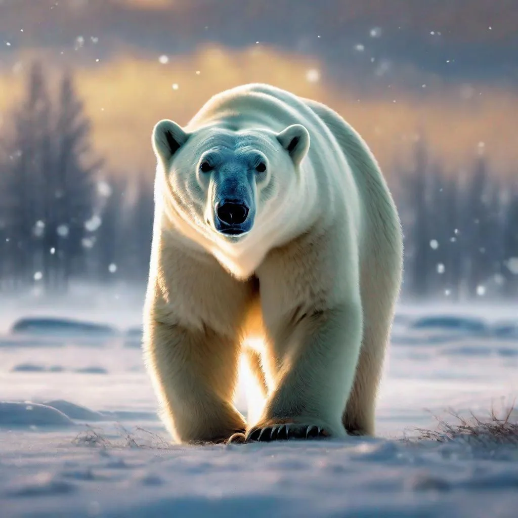 Prompt: Highly detailed of polar bear,DSLR,pretty eyes,ultra-fine detailed,masterpiece,epic, star light,north pole background,full of snow,snowfall,little bit foggy,aesthetic,ilustration,dynamic potrait,2D,golden hour,UHD,HDR,long shot,Aurora Light