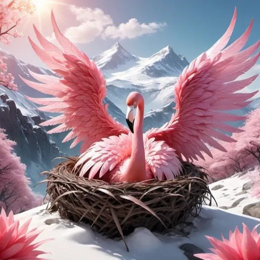 Prompt: a fairy tale fairy with wings in a nest, a costume made entirely of feathers, cherry shades, huge flamingo wings, on top of a snowy rocky mountain under the sun, beautiful, hyperrealism, epic, high, 4k, high detail, uhd resolution, shimmering with brilliance, fantasy, drawing, sakura petals in the air, gently, 