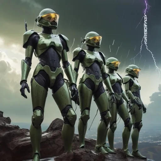 Prompt: double-exposure, low-angle panorama, glossy army of goblin-troopers with elf-ears, amassed on hilltop, facing away from camera, rain, motion capture, varied futuristic sniper exosuits, dramatic clouds and lightning; sepia, amber, golden brown, blue-grey, green, cold purple neon; detailed, cinematic, photorealistic, maximalist; ambient occlusion, dramatic lighting, ray tracing, beautiful composition, deep depth of view; sergio toppi, jae lee, david mack, joe chiodo, humberto ramos, Makoto Shinkai, J.C. Leyendecker, ilya Kuvshinov, Royo, Karol Bak, Alphonse Mucha, Jordan Grimmer, Greg Rutkowski